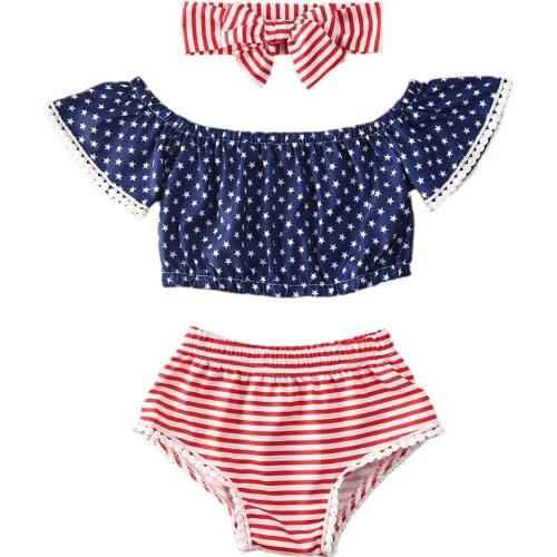 Independence day 6M-3Years Infant Baby Girls US Flag Clothes Sets 3pcs Off Shoulder Ruffles Sleeve T Shirts Tops+Shorts+Headband