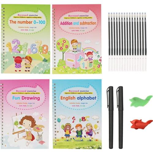 4 books +Pen 3D Reusable Childrens Drawing Books Baby Learning Painting Writing Copybook For Calligraphy Practice Book For Kids