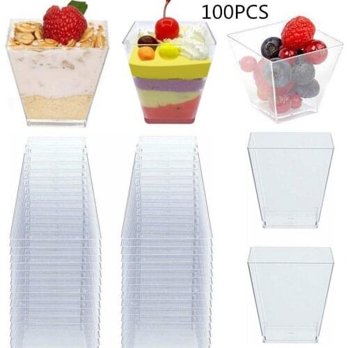100PCS 60ML Transparent Dssert Cups PS Hard Plastic Trapezoid Square Dessert Cup Plastic Portion Cups Disposable Storage Cups