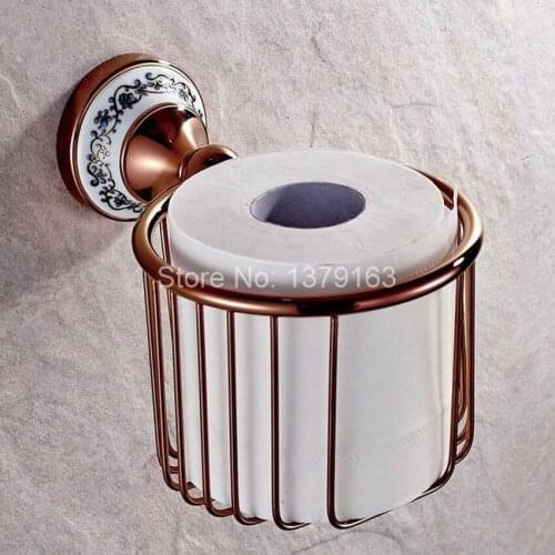 Bathroom Accessories Rose Golden Brass Ceramic Flower Pattern Wall Mounted Toilet Paper Roll Holder Shower Storage Basket aba389