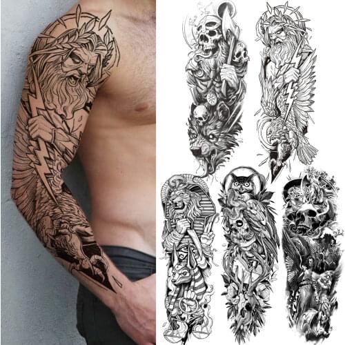 Big God Warrior Temporary Tattoos For Men Women Full Sleeve Death Skull Tattoo Sticker Fake Black Owl Skeleton Devil Tatoos Arm