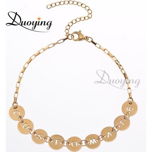 Duoying Custom Letter Charms 26 Alphabet Coin Bracelet Stainless Steel Square Chain Initial Letter Charm Bracelet For Women