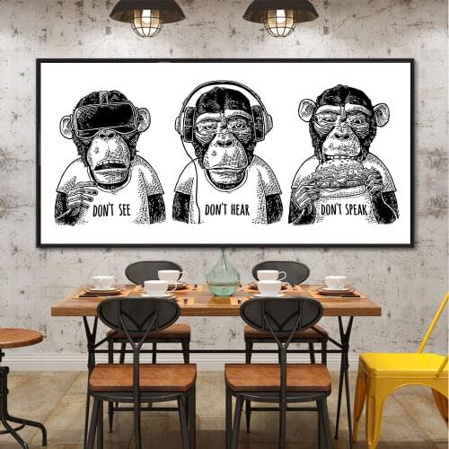 Cartoon Animal Decorative Picture Funny Monkey With Headphone Canvas Painting Black White Wall Art Poster Nordic Home Decor
