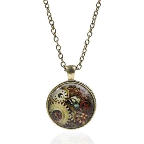 DoreenBeads New Fashion Steampunk Gear Glass Cabochon Round Pendant Necklace Link Cable Chain Antique Bronze 52.5cm long