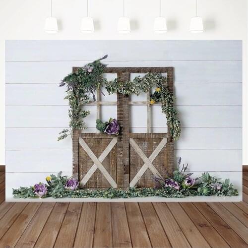 Photography Background Newborn Baby White Wooden Wall Brown Wooden Door Grass Purple Flower Christmas Child Photo Studio Props