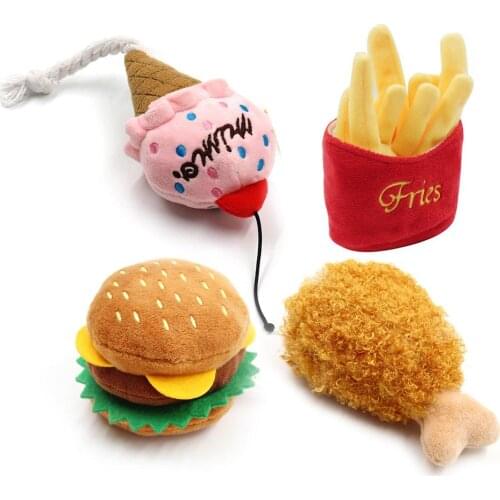 Pet Dogs Toys Puppy Plush Fries Hamburger Ice Cream Teeth Chewing Squeaky Sound Toy