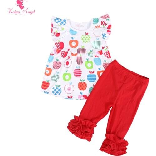 Kaiya Angel Girls Boutique Outfits Floral Sleeveless Tops + Red Ruched Half Pants Toddler Girls Summer Clothing Set Wholesale