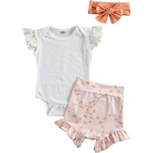Cute Girls Clothing Flying Sleeve Romper Shorts Headwear Three-piece Baby Body Suit Birthday Party Clothes Set