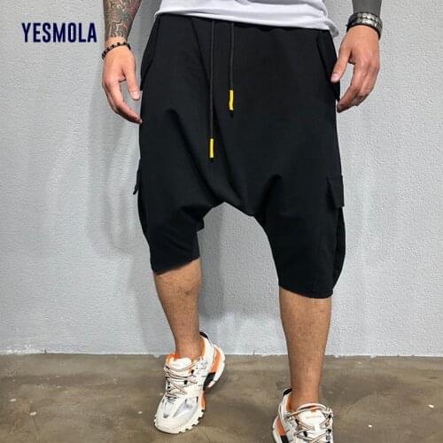 YESMOLA Men Casual Hip Hop Trousers Summer Cotton Pants Drawstring Cross Bloomers Calf-length Pants Joggers Streetwear