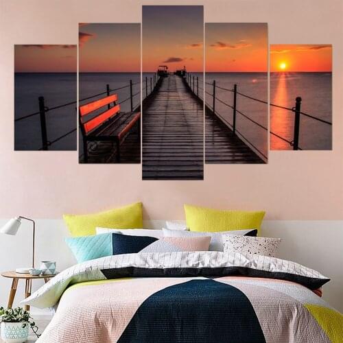 5 Pieces Wall Art Canvas Painting Dock Sunset Ocean Landscape Poster Home Pictures Modern Living Room Bedroom For Decoration