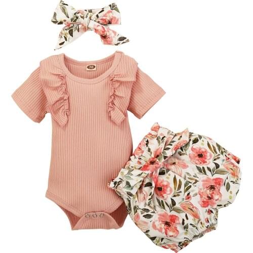 New Baby Girl 3 PCS Outfit Set Solid Color Short Sleeve Ruffle Button Closure Romper Short Flower Waist Belt Pants Hair Band