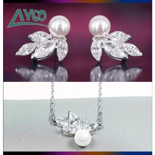 SWA Fashion Jewelry Original 1:1 Simple Pearl Leaf Crystal Stud Earring Necklace Set Romantic Small White Pearl Romantic Gift