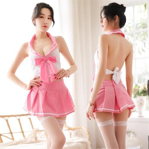 Sexy Lovely Pure Student Uniform Cosplay Costumes Porno Open Chest with Bandage Micro MINI Ruffled Dress Erotic Underwear Set