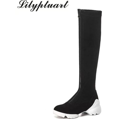 2019 autumn new front zipper design muffin bottom boots sheep suede material rubber soles stovepipe stretch boots shoes woman