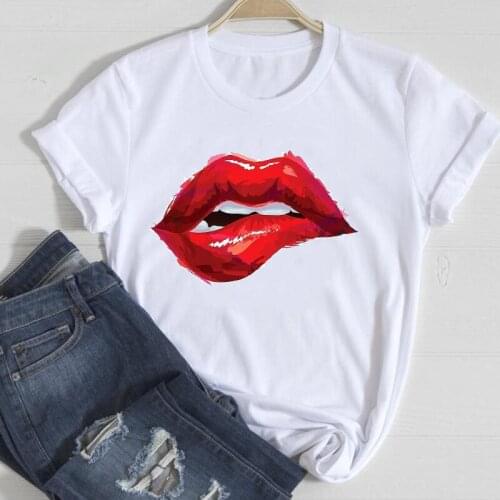 T-shirts Women Lip Short Sleeve Watercolor 90s 2021 Spring Summer Clothes Graphic Tshirt Top Lady Print Female Tee T-Shirt