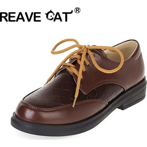 REAVE CAT 2021 Retro Ladies Flats Patchwork Plaid Lace Up Vintnge Round Toe 3CM Chunky Heel US11 Black Green Brown Beige A4388