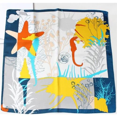 POBING 100% Pure Silk Scarf Women Floral Print Square Scarves Wraps Silk Foulard Head Neckerchief Hijab Bandana Bufandas 53X53CM