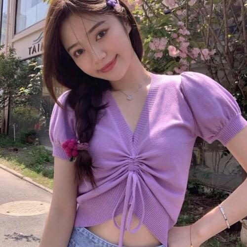 Summer Knitted drawstring short sleeve Women Top Solid V-neck Female pullove Casual 2020 Knit Femme shirts Blue White New Shirt