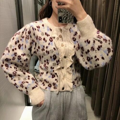 2020 Women Fashion Jacquard Cropped Knitted Cardigan Sweater Vintage Lantern Sleeve Buttons Female Outerwear Chic Tops