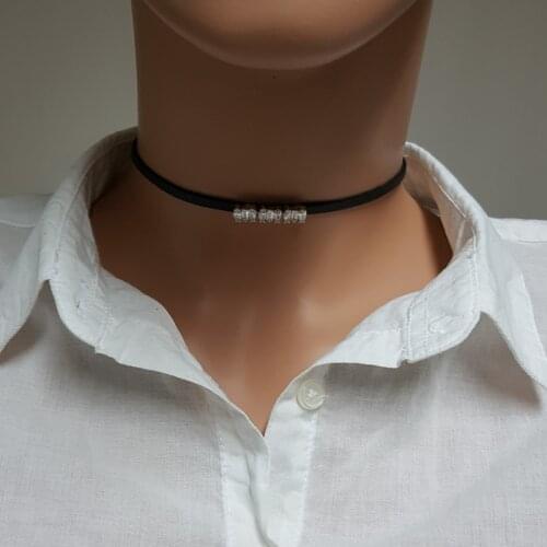 Women Choker Minimal Baquette Necklace 925 Sterling Silver Suede Necklace for Women Made in TURKEY