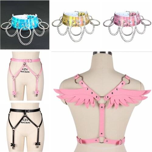 Lingerie Leather Pink Straps Back Wing Crop Tops Goth Punk Metal Rivet Party Dance Festival Rave Adjust Bra Harness Women