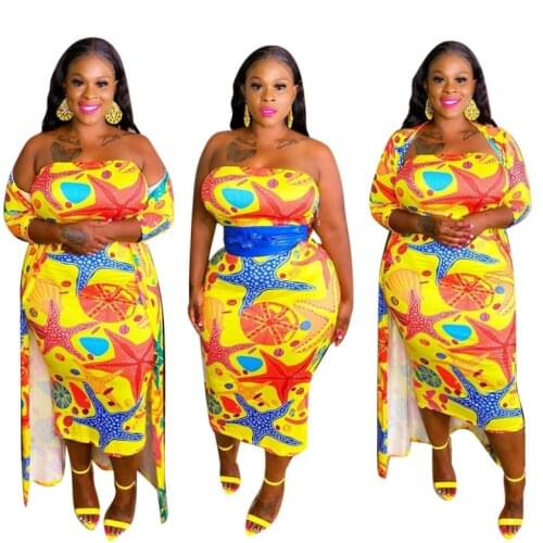 2021 Autumn Cartoon Printing Women Two Pieces Plus Size Strapless Bodycon Dresses + Full Sleeve Ankle-length Cardigan Sexy Sets