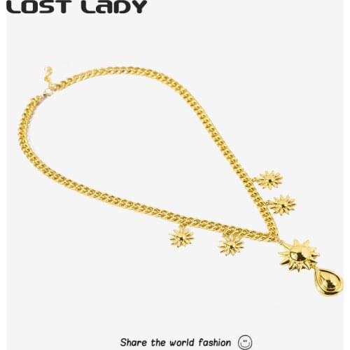 Lost Lady Trendy Water Drop Sun Pendants Necklaces Statement Vintage Gold Color Necklaces for Women Unisex Party Jewelry