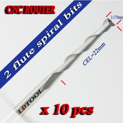 10pcs HUHAO 3.175 * 22mm Double Edged Flute Spiral CNC Router Bits for Acrylic, PVC # 2LX3.22