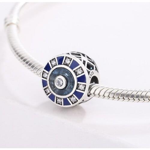 925 Sterling Silver Openwork Beads Blue Enamel Zircon Round Pendant Charm Bracelet DIY Jewelry Making For Pandora Accessories