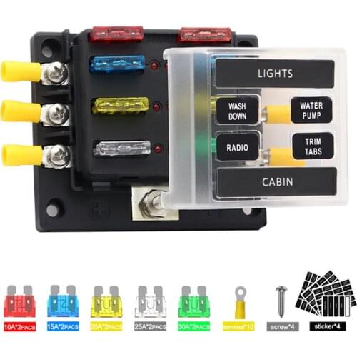 6-Way Blade Fuse Box Block Holder LED Indicator Light 12V 32V Marine Boat Car