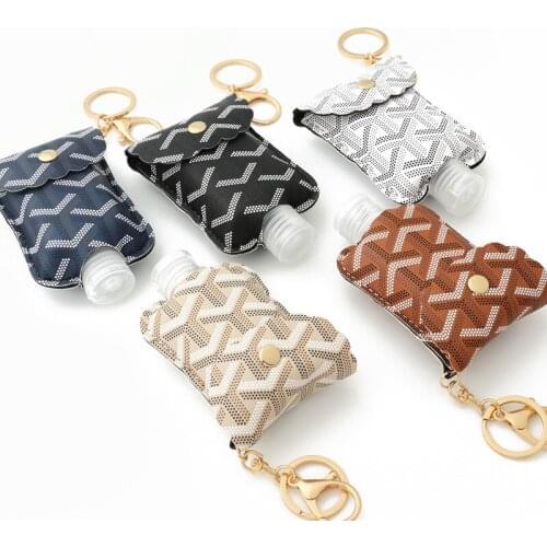 Large Plaid Pattern PU Leather Hand Sanitizer Keychain Refillable Bottle with Keychain Holder