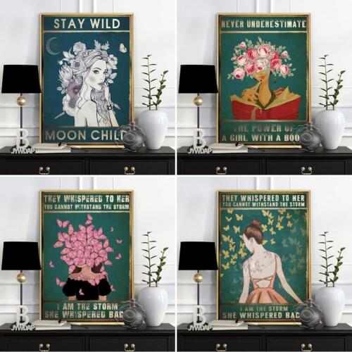 Colored Drawing Girl Plant Retro Poster, Fashion Long Hair Girl Flower Crescent Wall Stickers, Vintage Funny Home Art Decor Gift