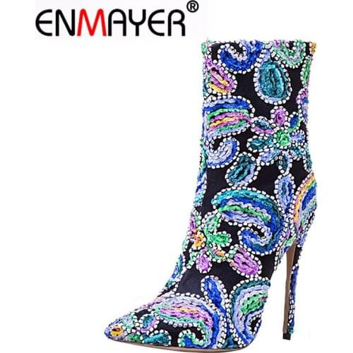 ENMAYER Women Winter Boots StillettoPointed Toe Zippers Retro Mid-Calf Embroider Extreme High Heels Pumps Plus Size 34-43