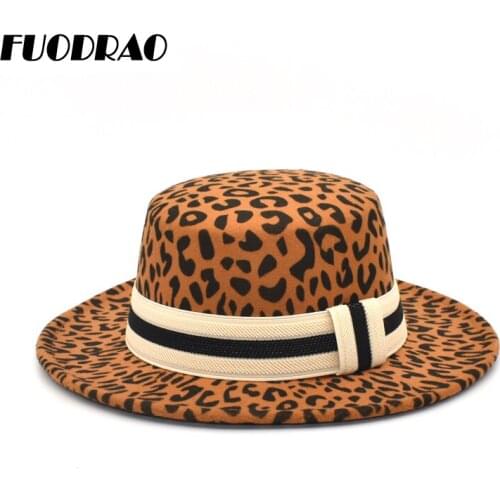 FUODRAO New Autumn Winter Wool Flat Top Bowler Hats Classic Leopard Fedora Hat Women Wide Brim Jazz Cap Man Vintage Panama P29