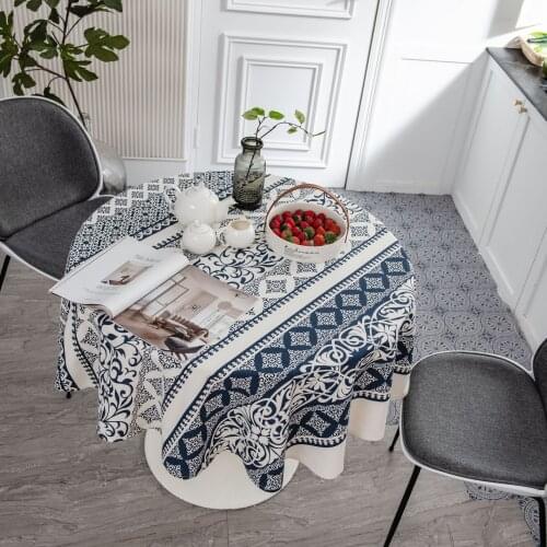 Bohemian Ethnic Style Cotton Linen Tablecloth Navy Blue Printing Table Decoration 150cm Round Table Cloth Cofee Table Decor