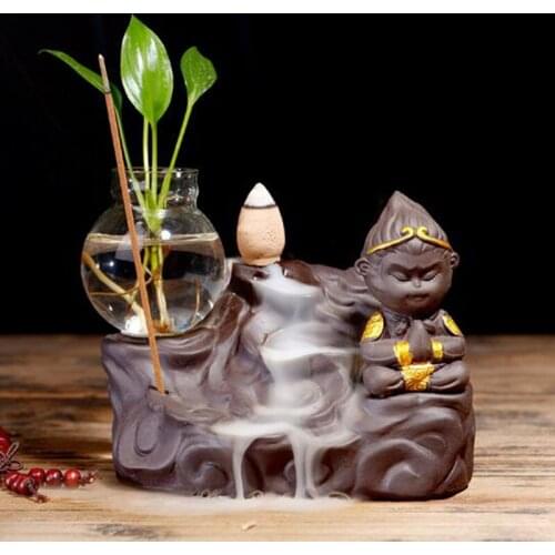 Ceramic Backflow Incense Burner Hydroponic Crafts Wukong Chan Lotus Aromatherapy Furnace Incense Plant Holder Tea House Decor