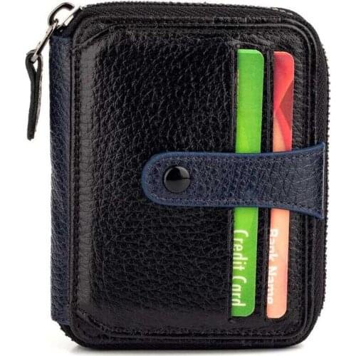 Genuine Leather Mens Zipper Wallet with Snap Closure Black-Navy Blue