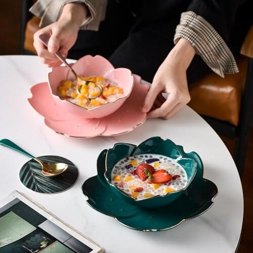 Light Luxury Creative Household Ceramic Breakfast Fruit Salad Cherry Blossom Bowls and Plates Golden Edge with Spoon