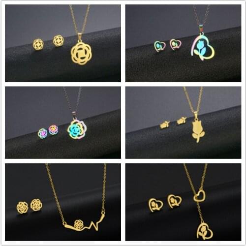 Tiny Rose Flower Jewelry Set For Women Stainless Steel Love Heart Flora Necklace & Earring For Girl Sweet Unique Accessories
