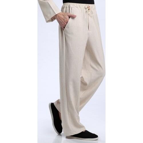 Mens Kung Fu Pant Cotton Linen Beige Wu Shu Tai Chi Elastic Waist Trousers Chinese Traditional pants vestido chino 2020 new
