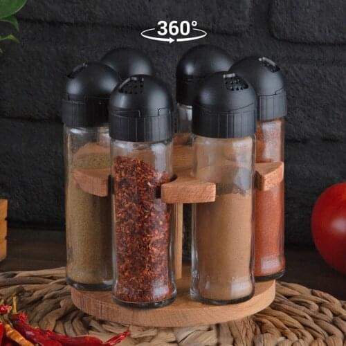 6 Pieces Rotating Spice Set Wooden Stand Cork Stopper Kitchen Decoration Glass Storage Practical Design Seasoning Jar Bottle