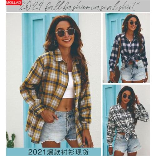 Autumn Cardigan Single-Breasted Long Sleeve Shirts Plaid Fashion All-Match Loose Commuter Lapel Shirt Womens Clothing