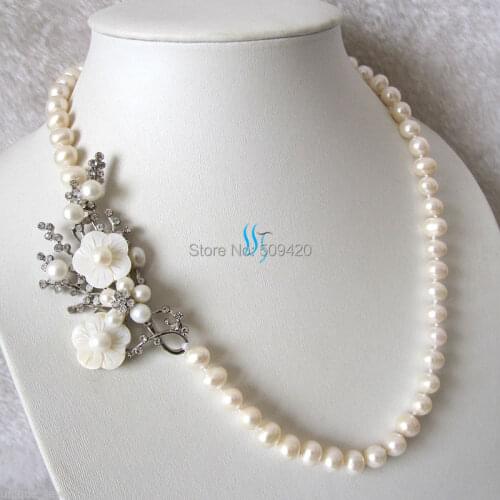 Free Shipping >>>>20.5" 8-9mm White Freshwater Pearl Necklace White Flower Pendant