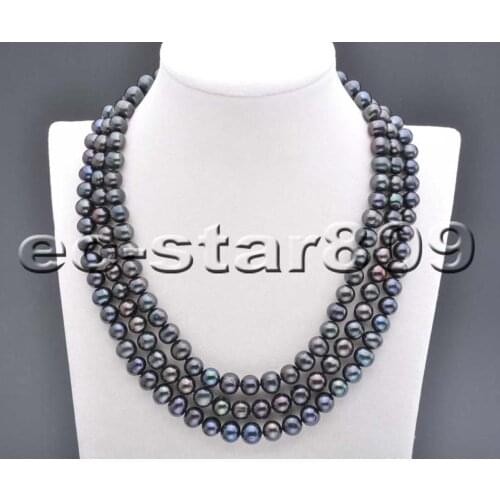 P5904 3Row 18" A+ 9mm Black Round Freshwater Cultured Pearl Necklace Women Fine Jewelry