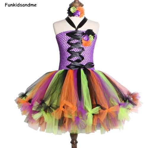 Witch Tutu Dress Halloween Costumes for Kids Girls Carnival Party Dress Rainbow Cosplay Sorceress Girls Halloween Dress Clothes