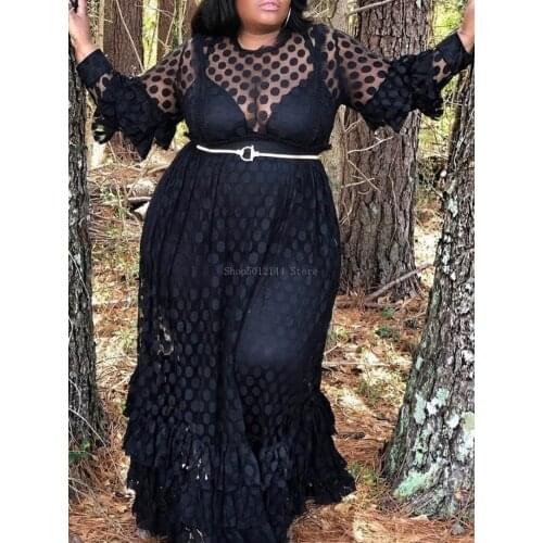 Plus Size Party Sexy Club African Black Summer Women Long Dresses Casual Ruffle Long Sleeve Mesh Polka Dot Female Dress 4XL 5XL