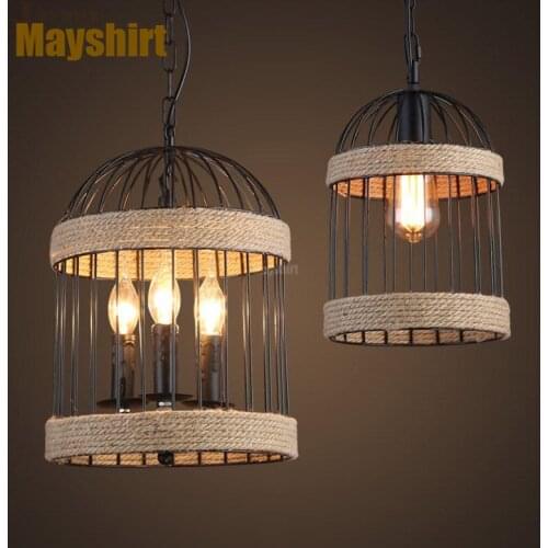 Retro Hemp Rope Iron Birdcage Led Pendant Light Industrial Living Room Home Deco Dining Room Light Stair Bar Cafe Hanging Lamp
