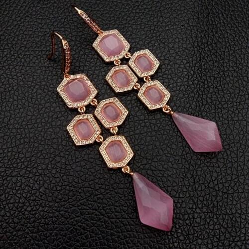 YYGEM Valentines Day gift Gold color Pink Cat Eye Cz pave Hook Earrings Romantic Style For Women