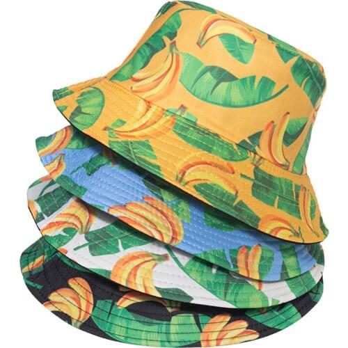 New Spring Summer Black White Yellow Color Fruit Leaf Banana Print Fisherman Hat Sun Fishing Caps Adults Woman Man