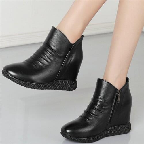 Women Black Pleated Genuine Leather Wedges High Heel Platform Pumps Shoes Female Mid Top Round Toe Fashion Sneakers Casual Shoes